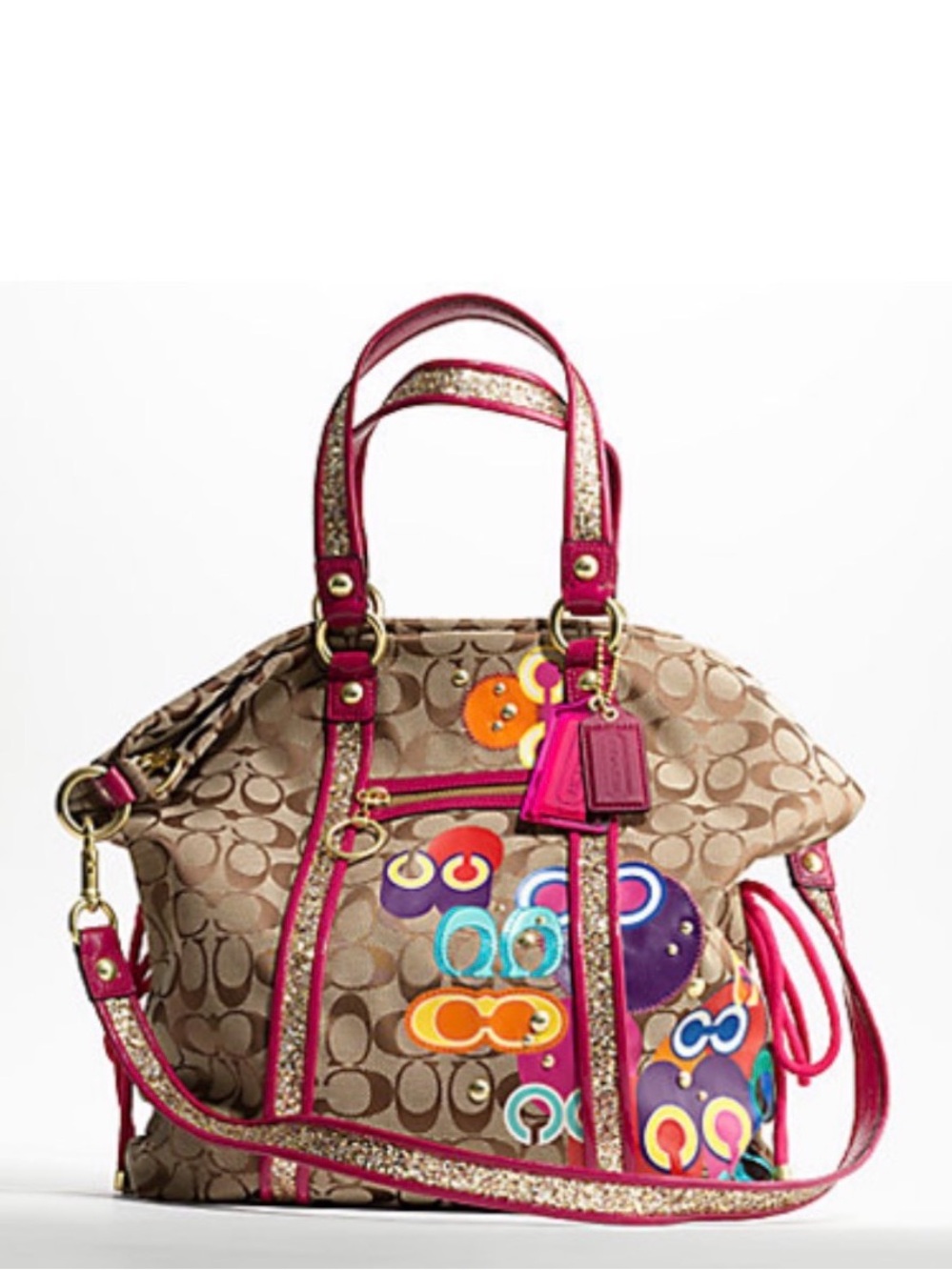 Coach Beige Signature Tote with Pink Trim and Multicolor Accents